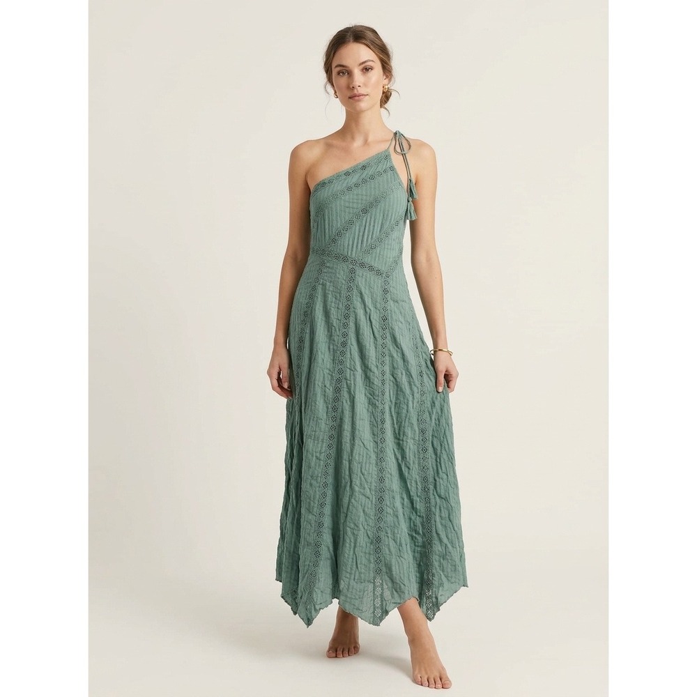 Free People Maxi Dress Women One Shoulder Crochet Lace Sage Green Tassel Boho L